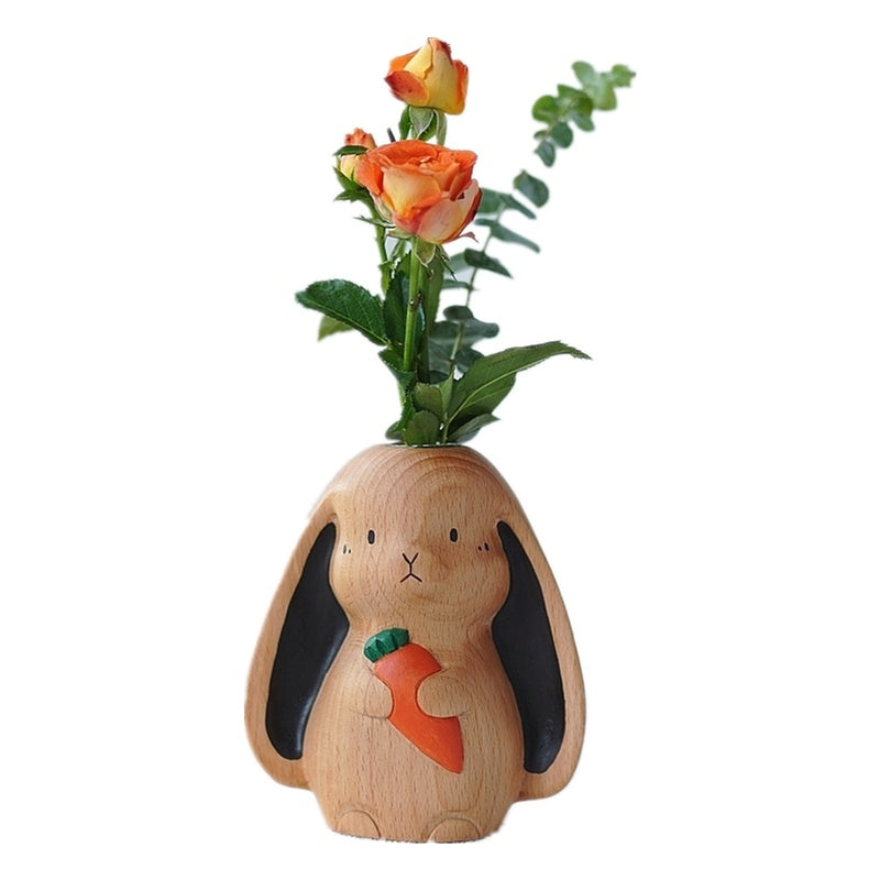 Japanese Cute Little Rabbit Living Room Solid Wood Dried Flower Vase Ornaments