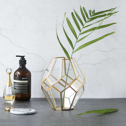 Nordic retro style golden copper strip glass geometric vase flower arrangement desktop decoration tidal ornaments