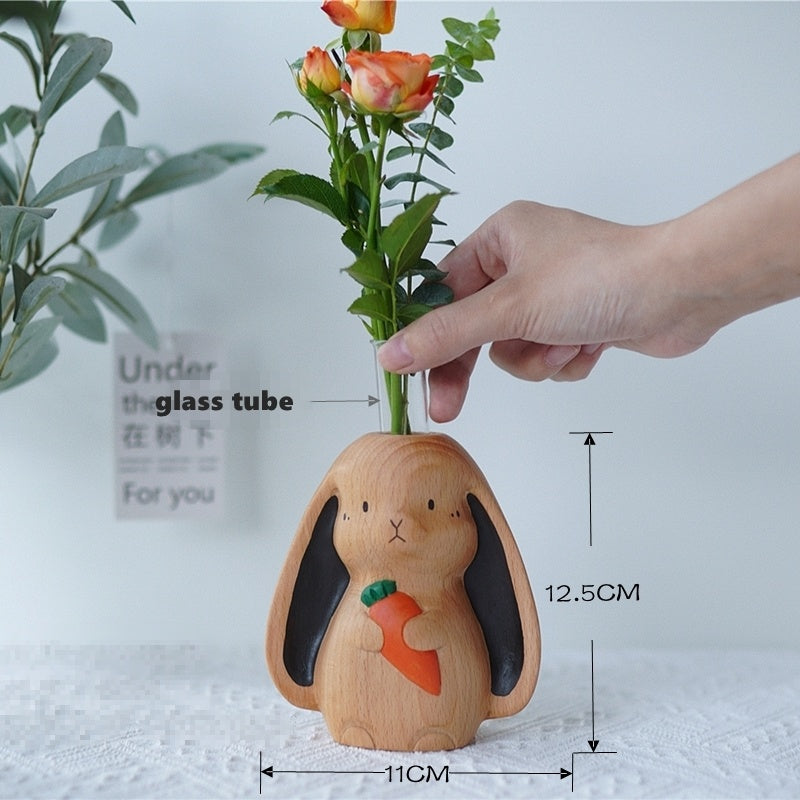 Japanese Cute Little Rabbit Living Room Solid Wood Dried Flower Vase Ornaments