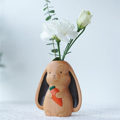 Japanese Cute Little Rabbit Living Room Solid Wood Dried Flower Vase Ornaments