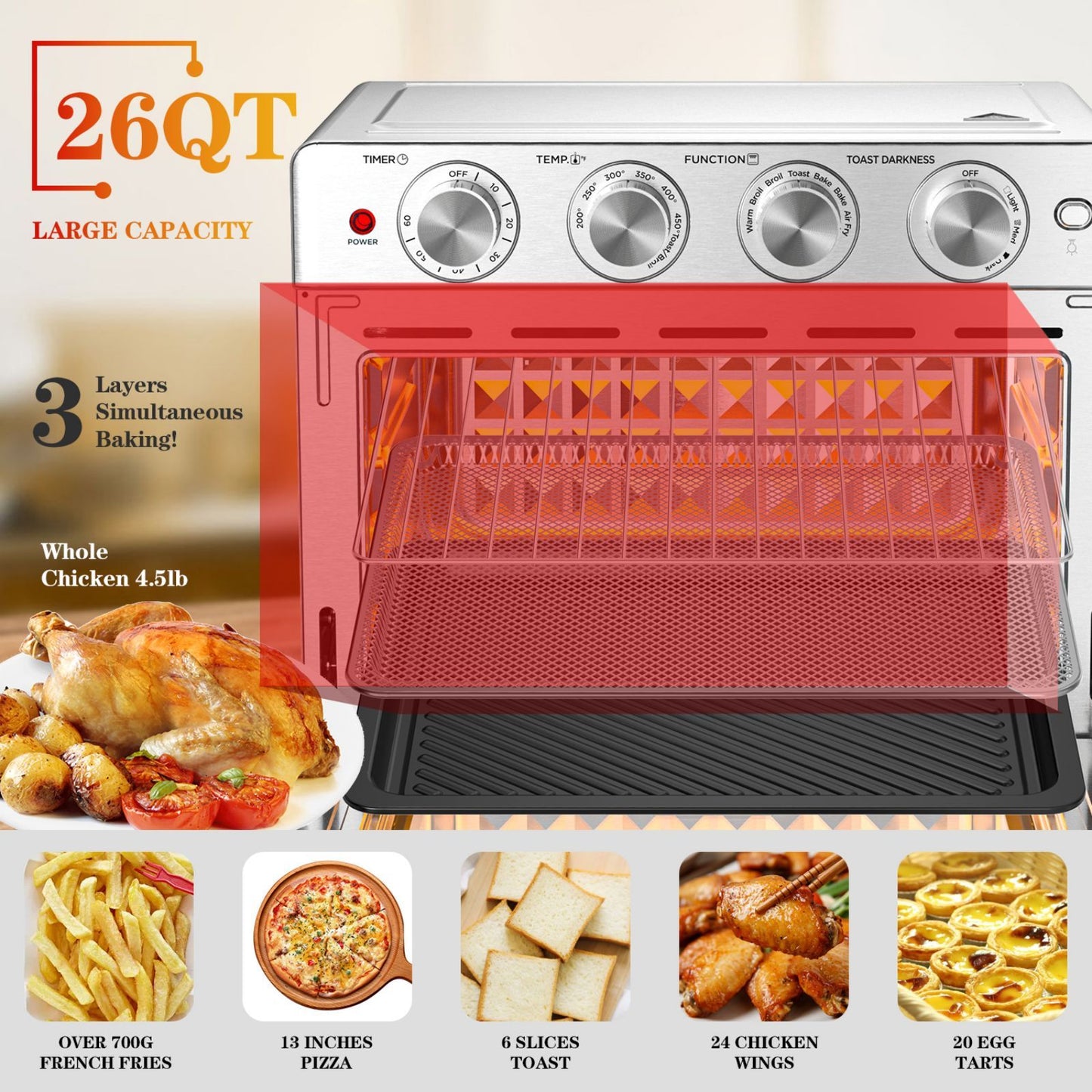 Geek Chef Air Fryer 6 Slice 26QT 26L Air Fryer Fry Oil-Free   Extra Large Toaster Oven Combo   Air Fryer Oven  Roast  Bake   Broil  Reheat   Convection Countertop Oven   Stainless St