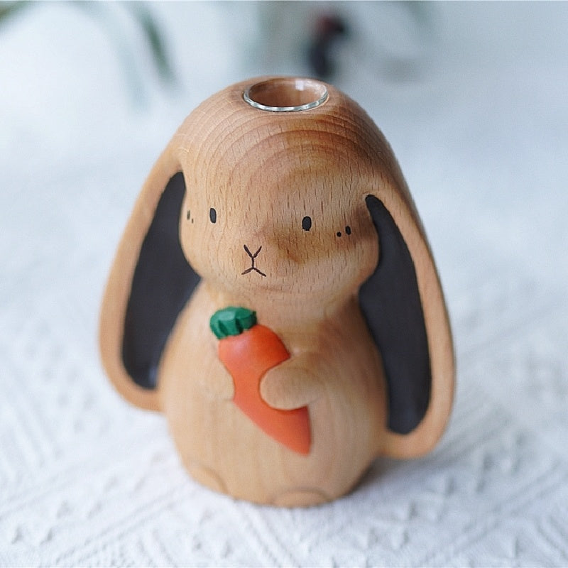 Japanese Cute Little Rabbit Living Room Solid Wood Dried Flower Vase Ornaments